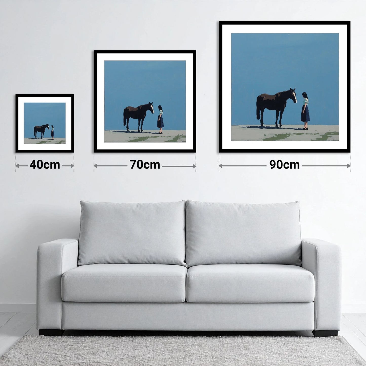 A Quiet Accord - size guide showing 40cm, 70cm and 90cm art prints