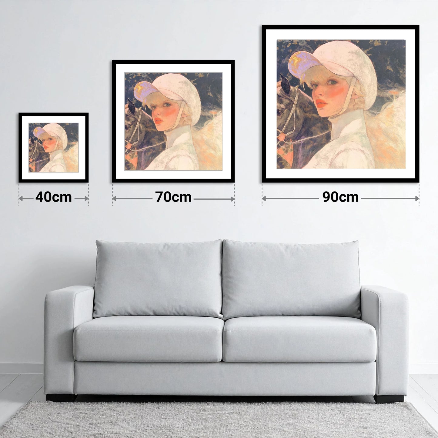 The Jockey's Gaze - size guide showing 40cm, 70cm and 90cm art prints