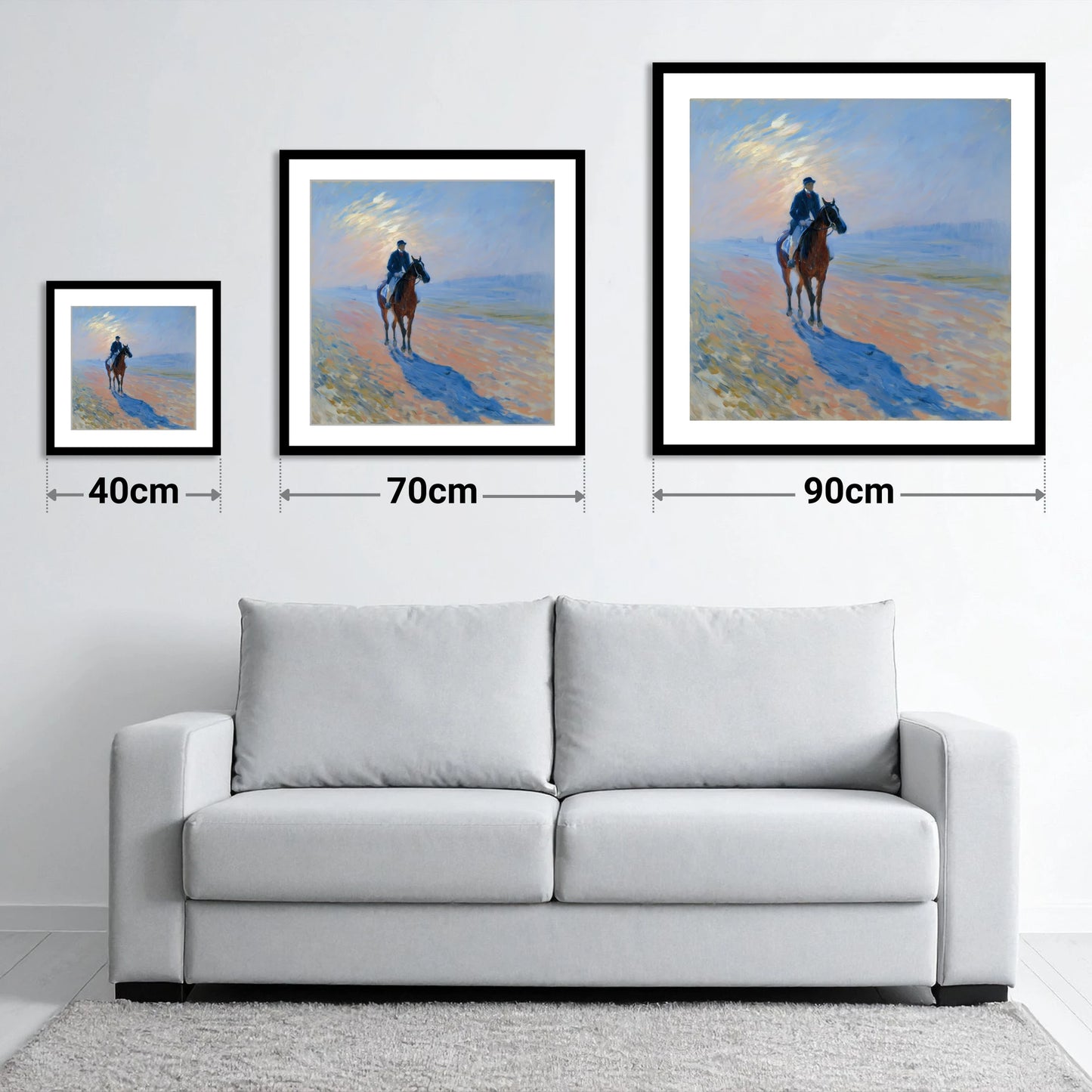 Luminous Morning Gallops - size guide showing 40cm, 70cm and 90cm art prints