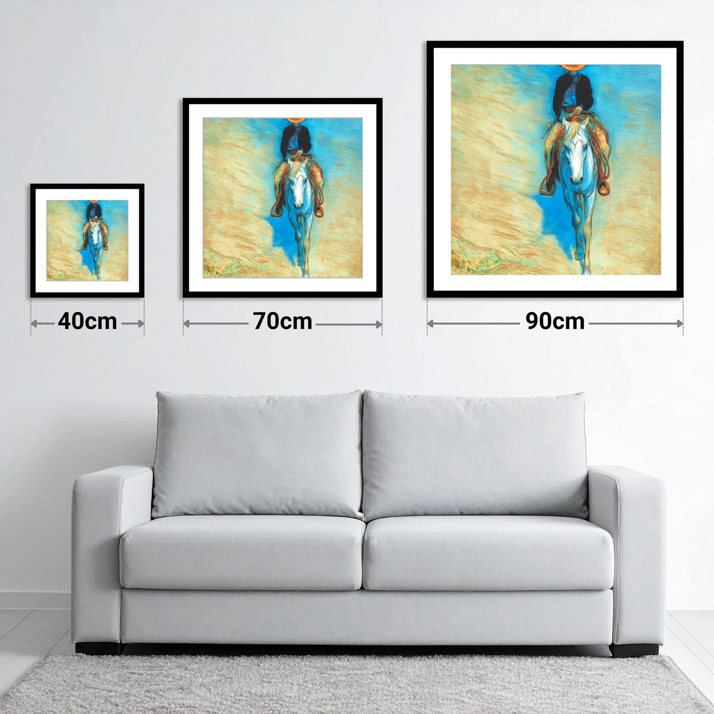 The Blue Trail Rider - size guide showing 40cm, 70cm and 90cm art prints