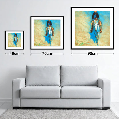 The Blue Trail Rider - size guide showing 40cm, 70cm and 90cm art prints