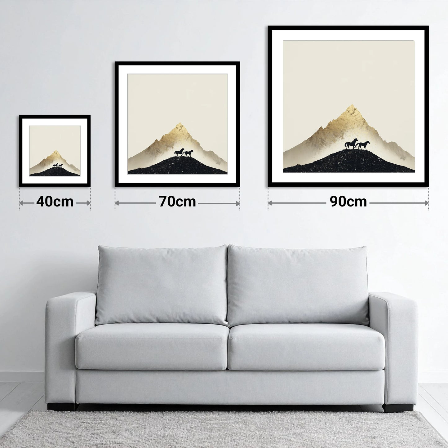 The Golden Trail - size guide showing 40cm, 70cm and 90cm art prints