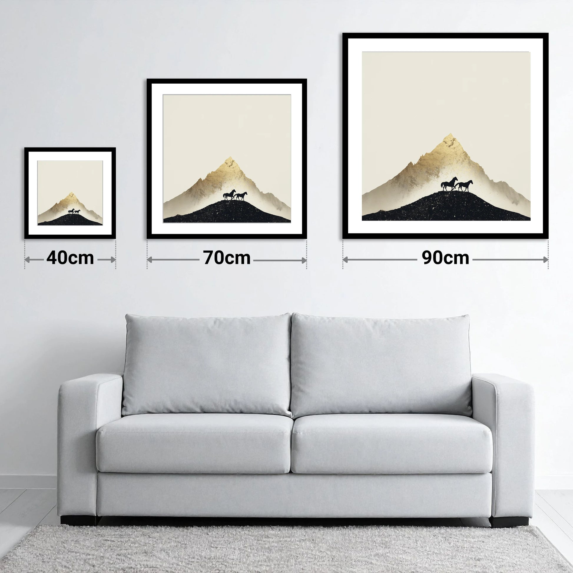 The Golden Trail - size guide showing 40cm, 70cm and 90cm art prints