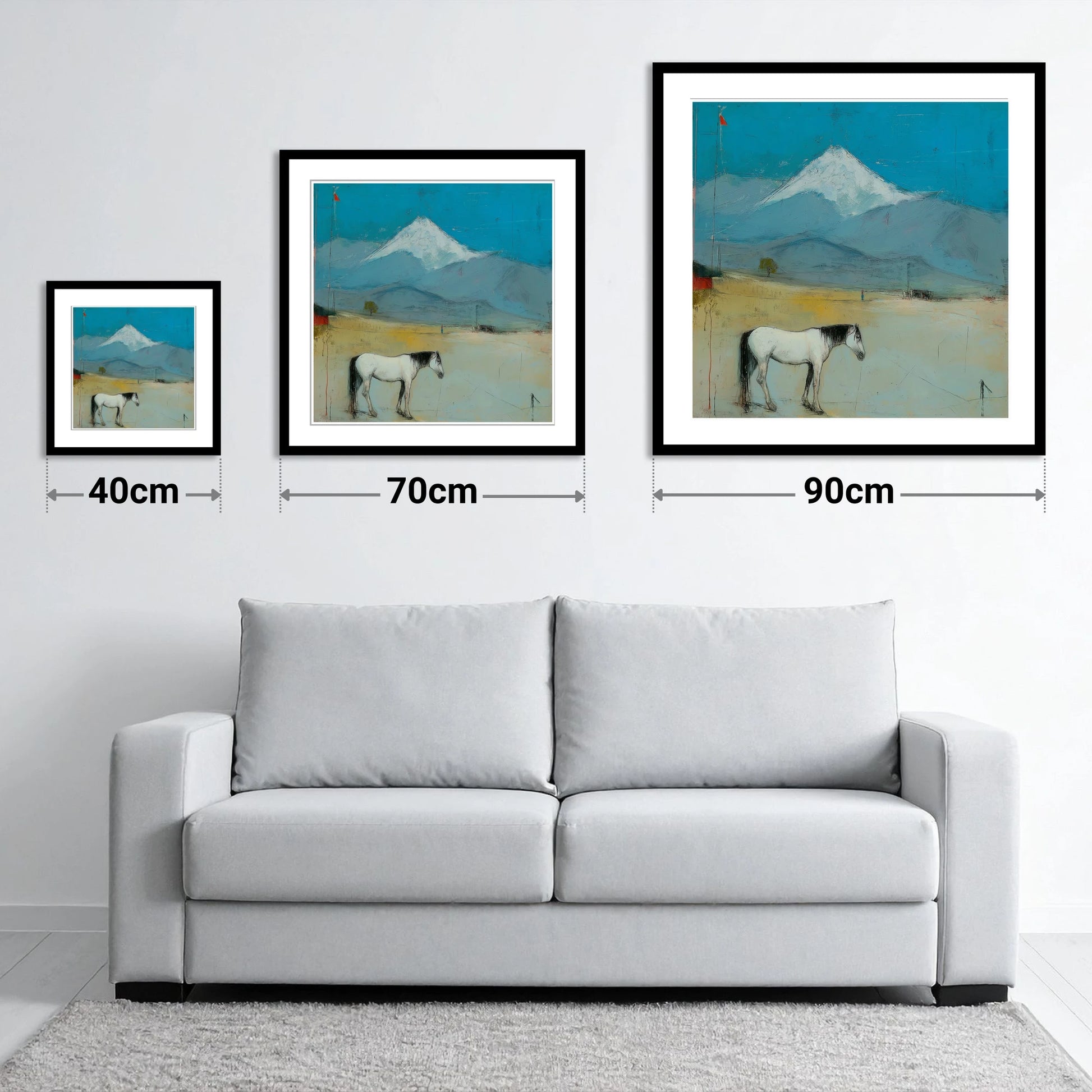 Beneath the Snow Peak - size guide showing 40cm, 70cm and 90cm art prints