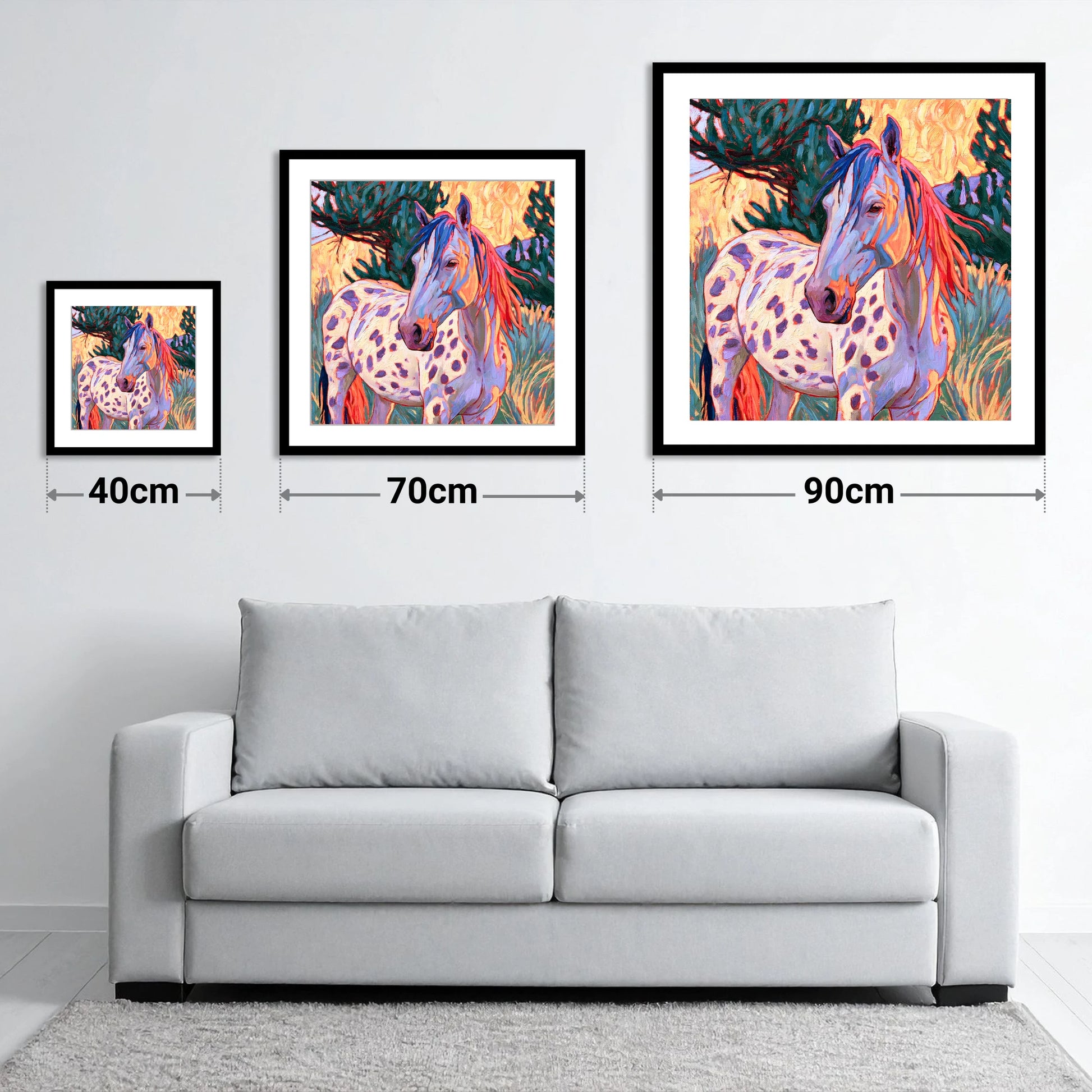 Colourful Spotted Appaloosa Horse - size guide showing 40cm, 70cm and 90cm art prints
