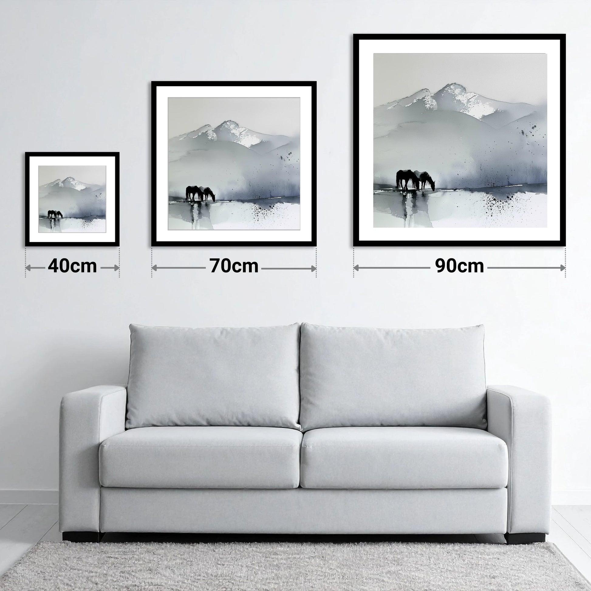 Mountain Mist Reflections - size guide showing 40cm, 70cm and 90cm art prints