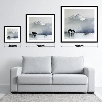 Mountain Mist Reflections - size guide showing 40cm, 70cm and 90cm art prints