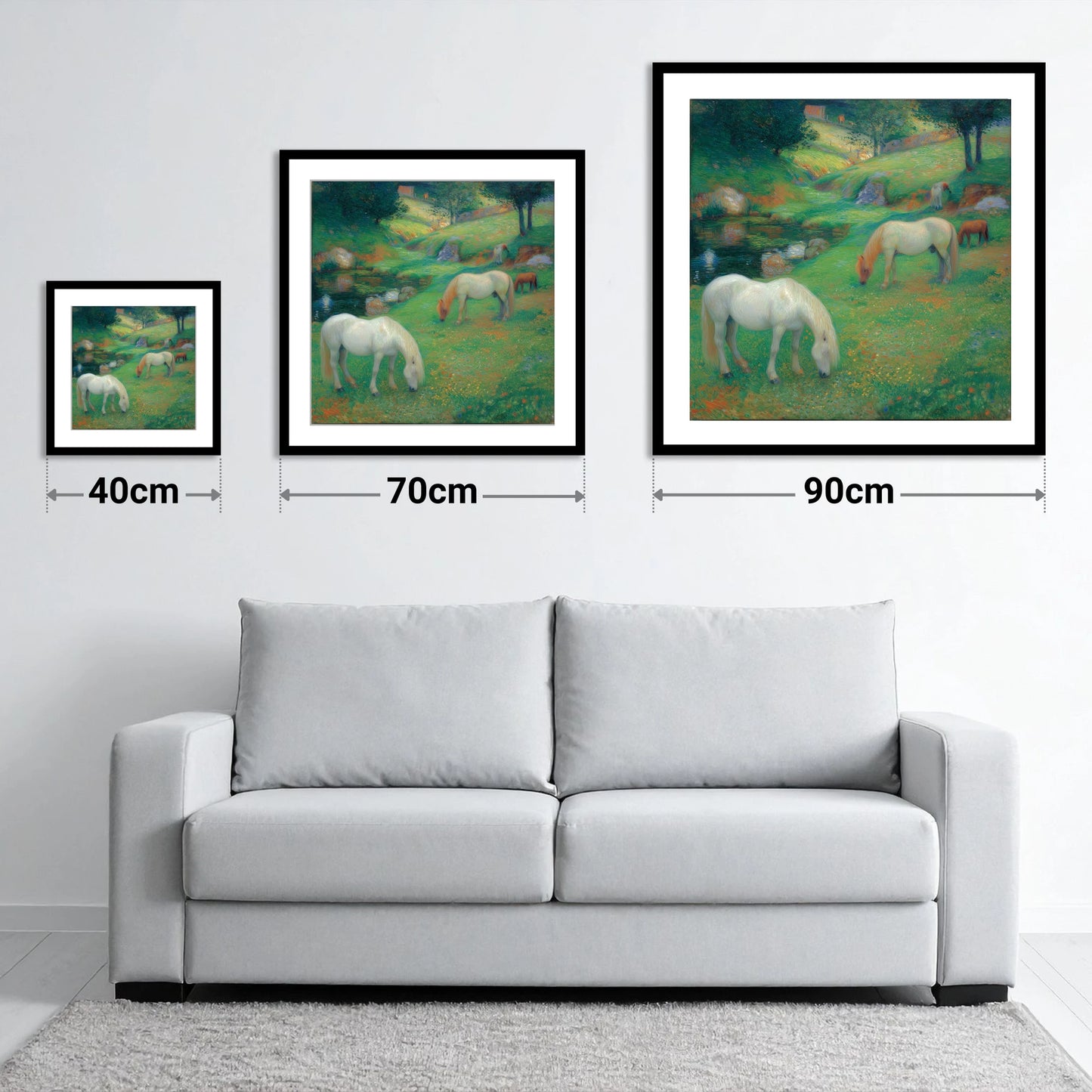 Emerald Valley Pasture - size guide showing 40cm, 70cm and 90cm art prints