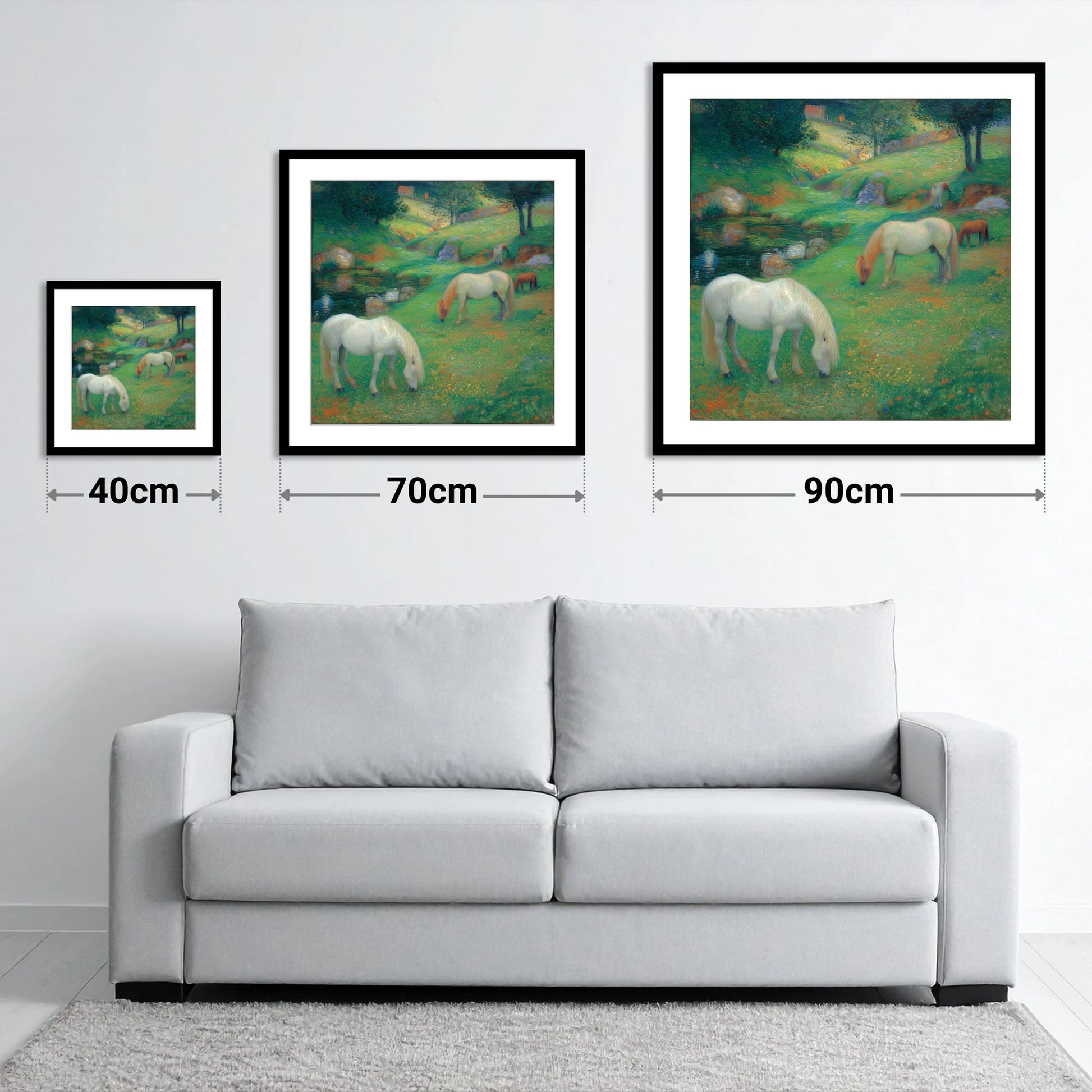 Emerald Valley Pasture - size guide showing 40cm, 70cm and 90cm art prints
