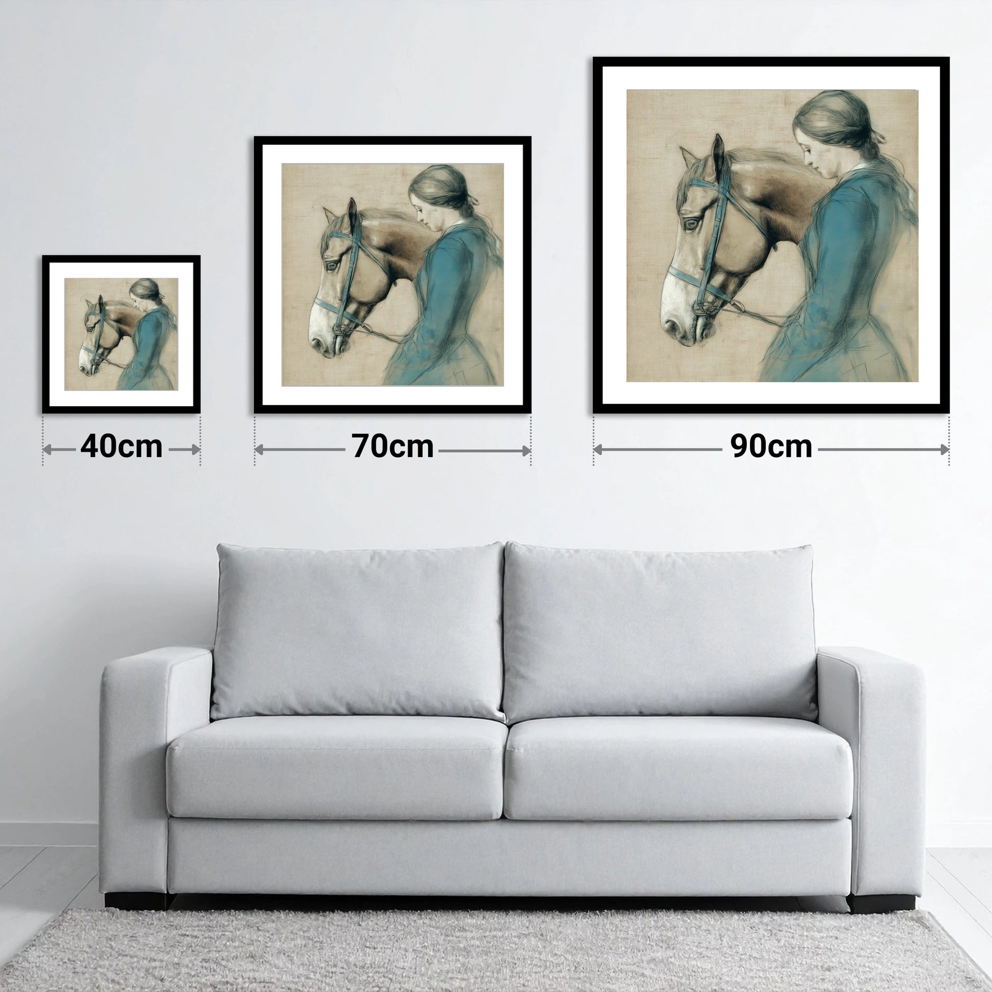The Silent Bond - size guide showing 40cm, 70cm and 90cm art prints