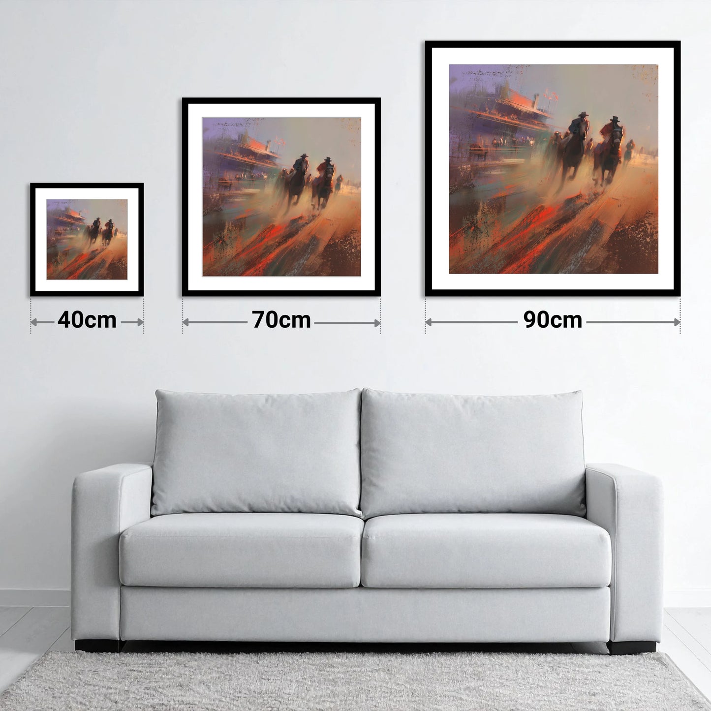 Thunder on the Track - size guide showing 40cm, 70cm and 90cm art prints