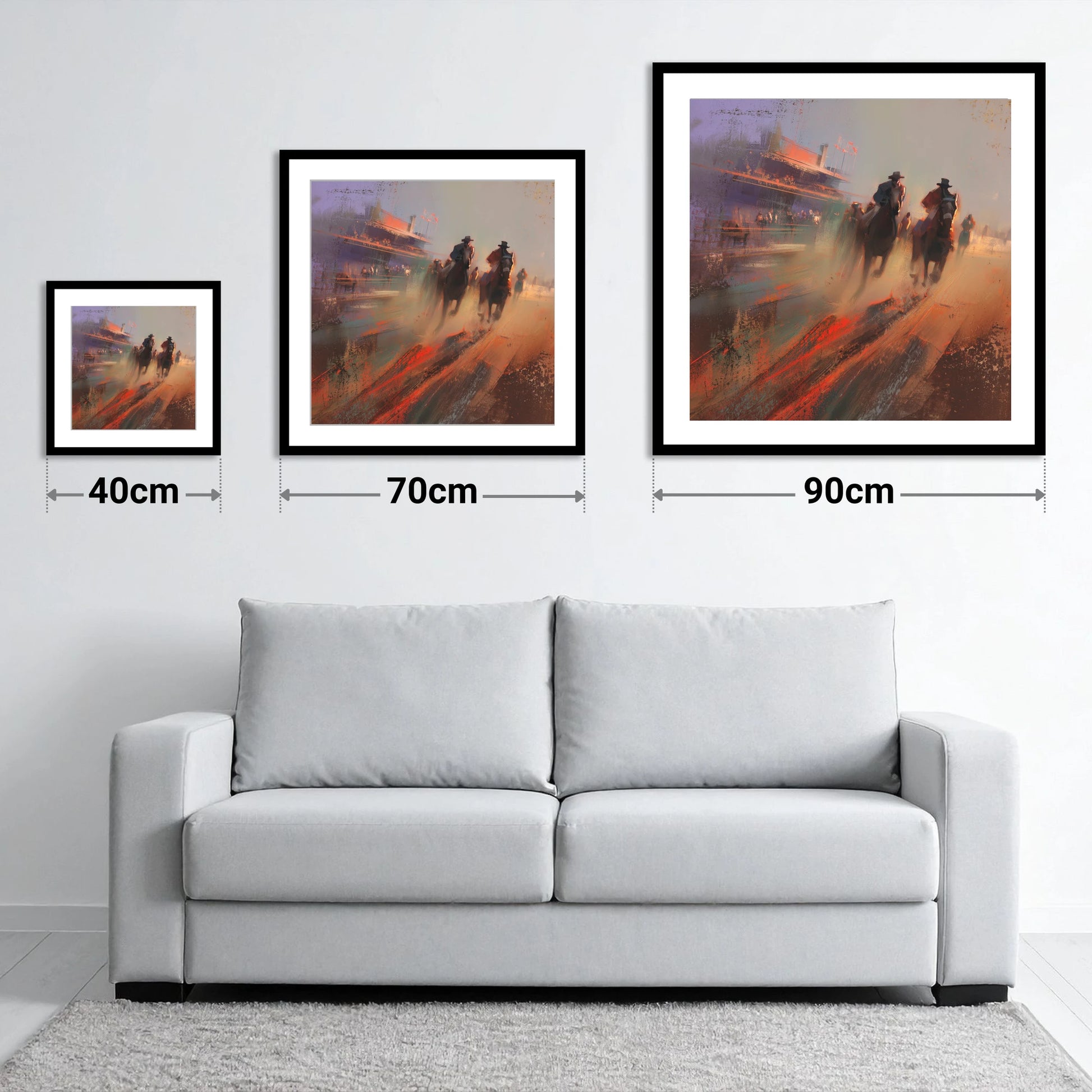 Thunder on the Track - size guide showing 40cm, 70cm and 90cm art prints