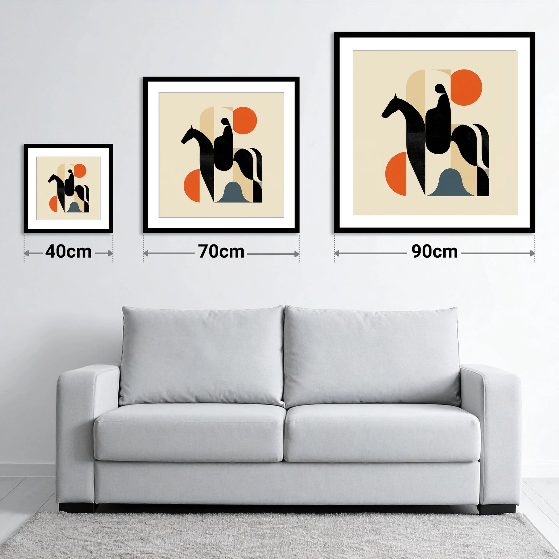 Mid-Century Silhouette - size guide showing 40cm, 70cm and 90cm art prints