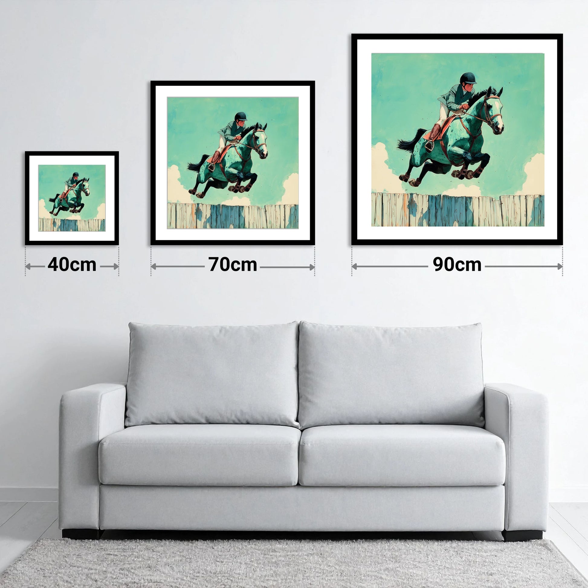 Teal Airborne Leap - size guide showing 40cm, 70cm and 90cm art prints