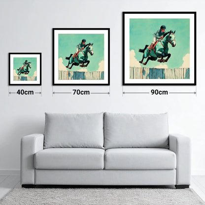 Teal Airborne Leap - size guide showing 40cm, 70cm and 90cm art prints
