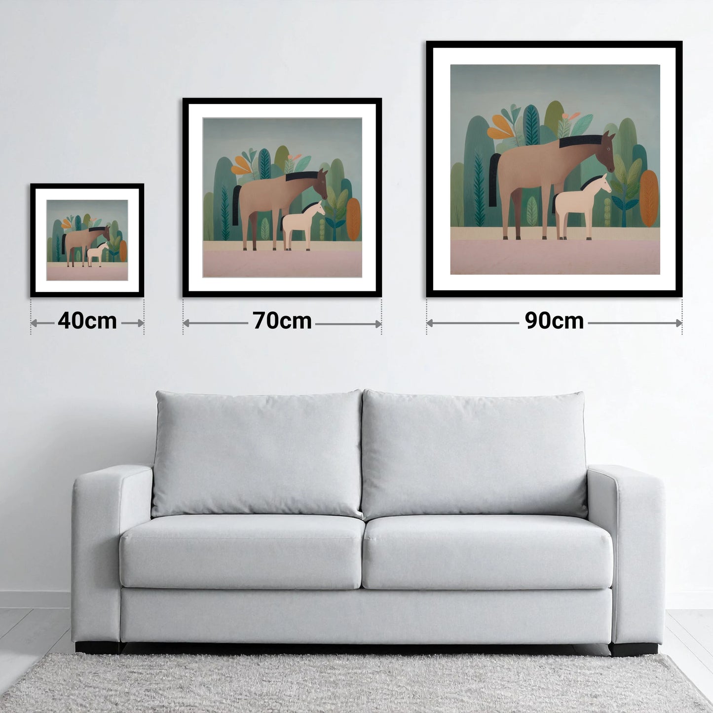 Tranquil Grove - size guide showing 40cm, 70cm and 90cm art prints