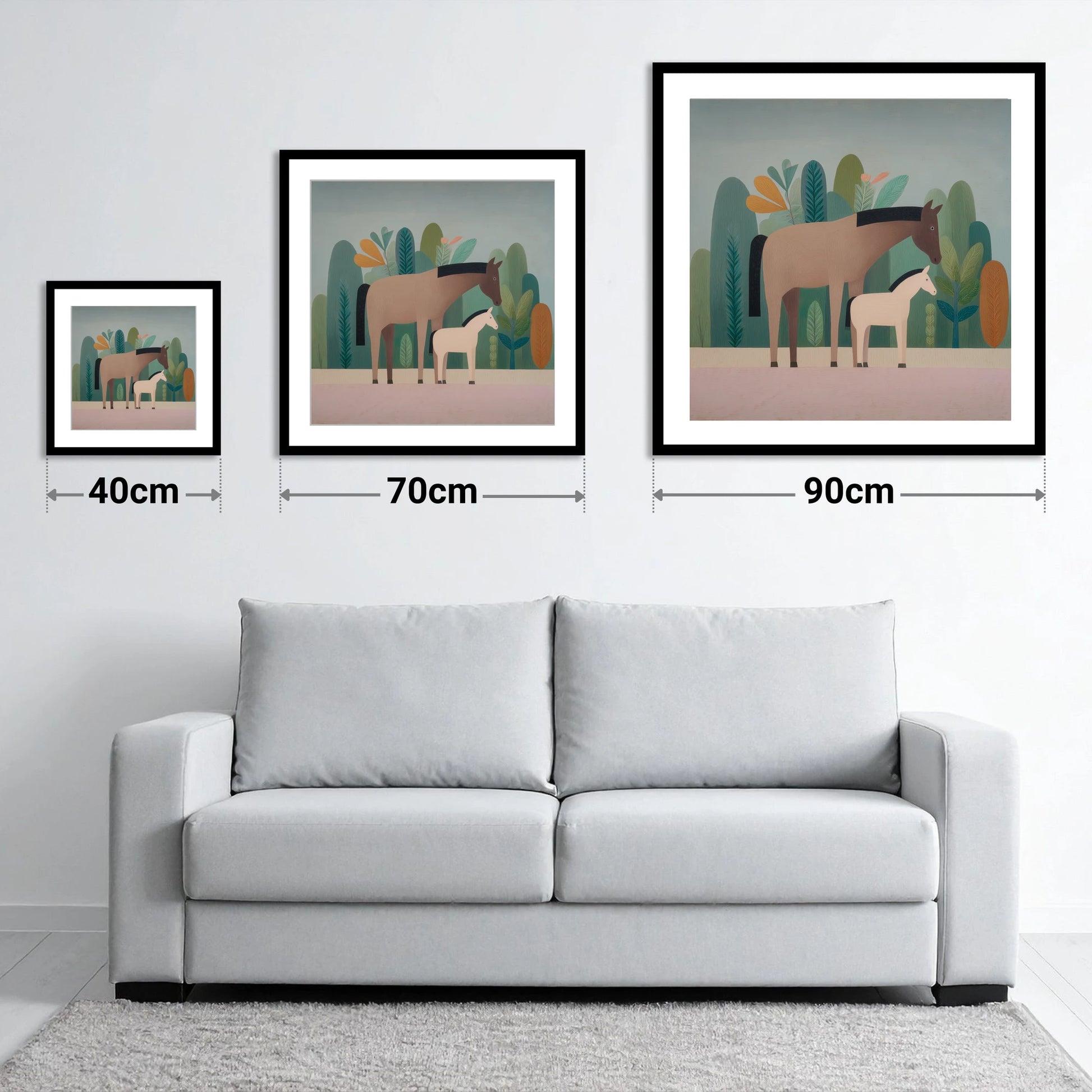 Tranquil Grove - size guide showing 40cm, 70cm and 90cm art prints