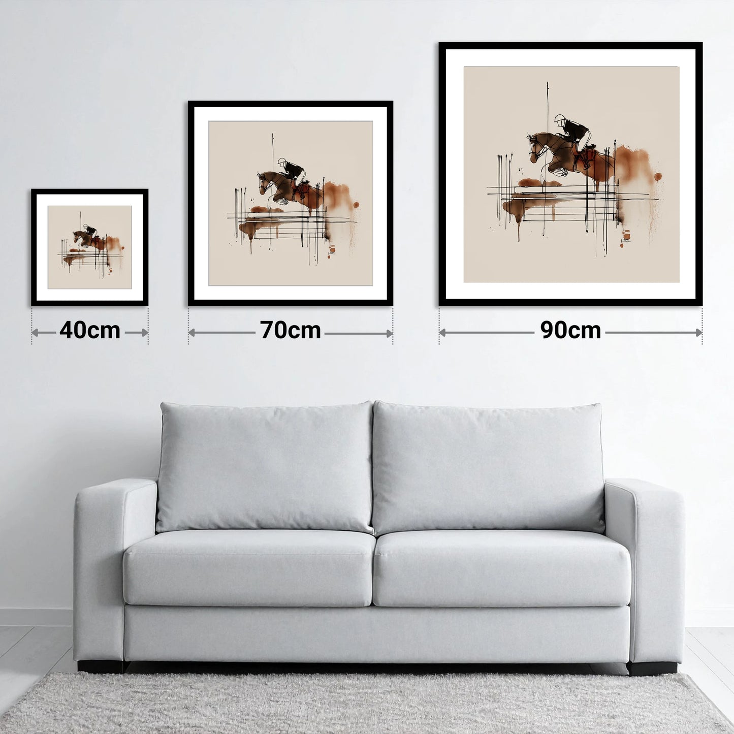 Fluidity in Flight - size guide showing 40cm, 70cm and 90cm art prints