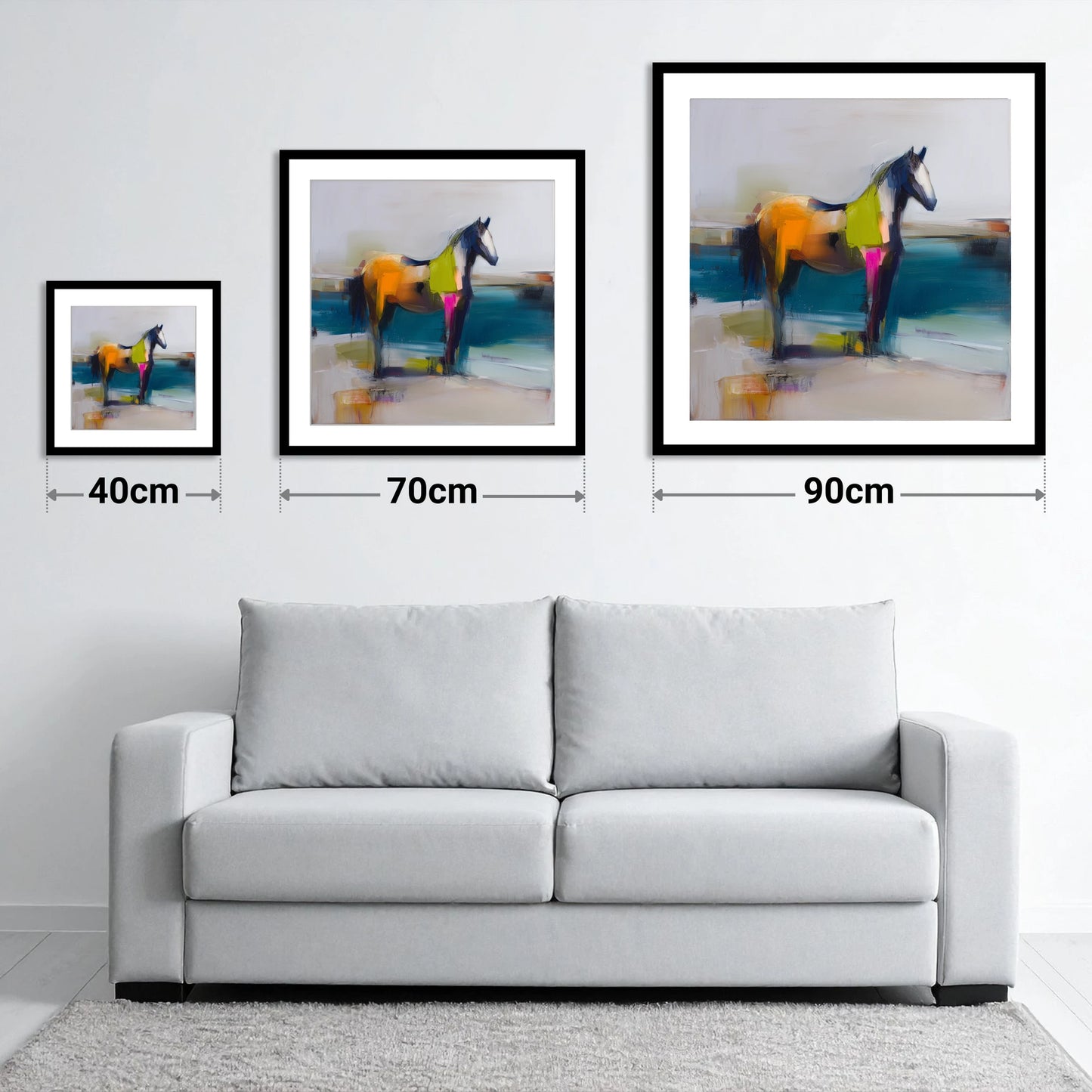 Vivid Horizon - size guide showing 40cm, 70cm and 90cm art prints