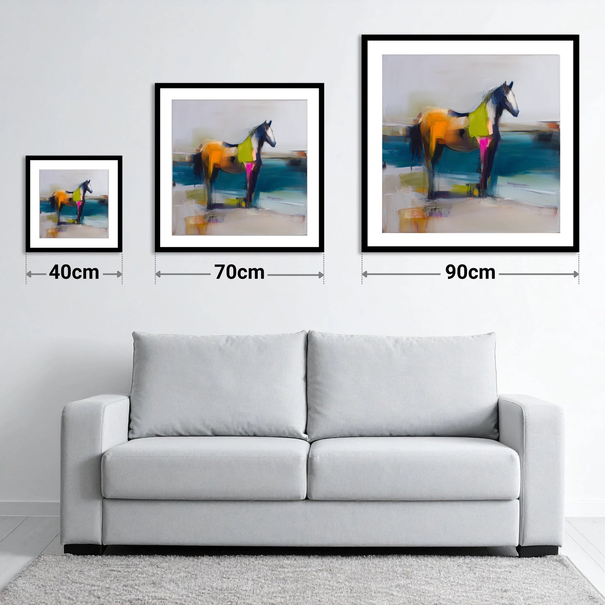 Vivid Horizon - size guide showing 40cm, 70cm and 90cm art prints