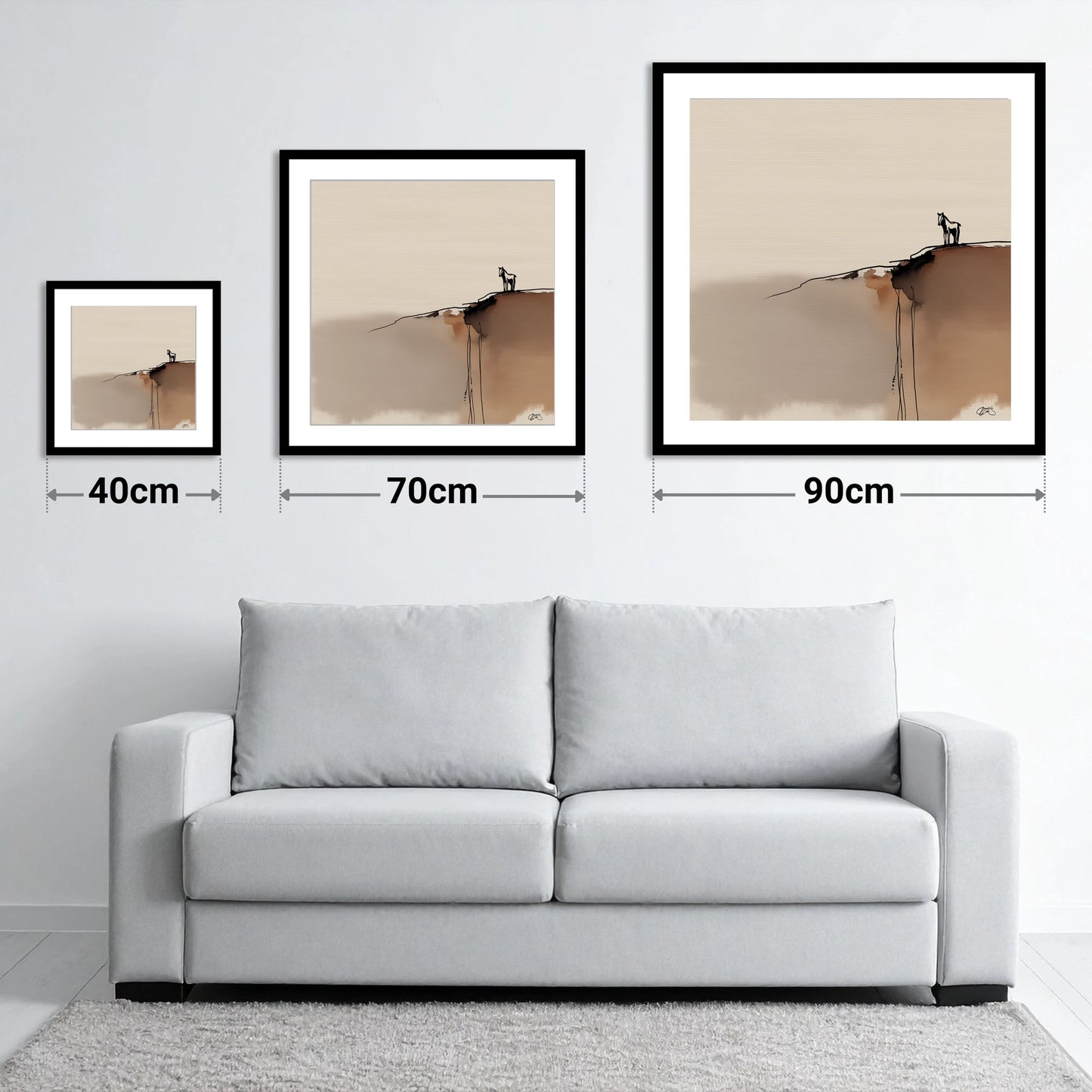 Sentinel on the Edge - size guide showing 40cm, 70cm and 90cm art prints