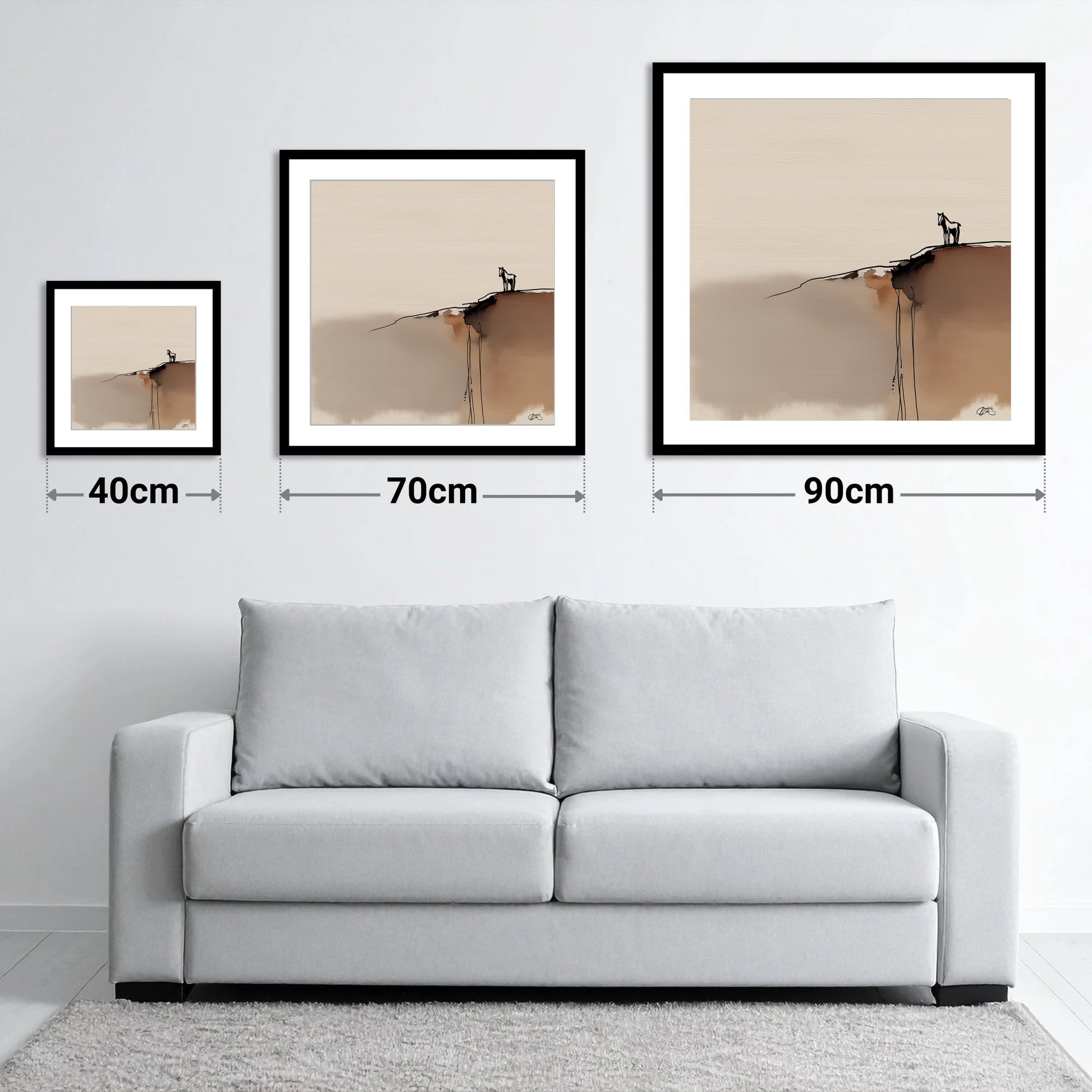 Sentinel on the Edge - size guide showing 40cm, 70cm and 90cm art prints