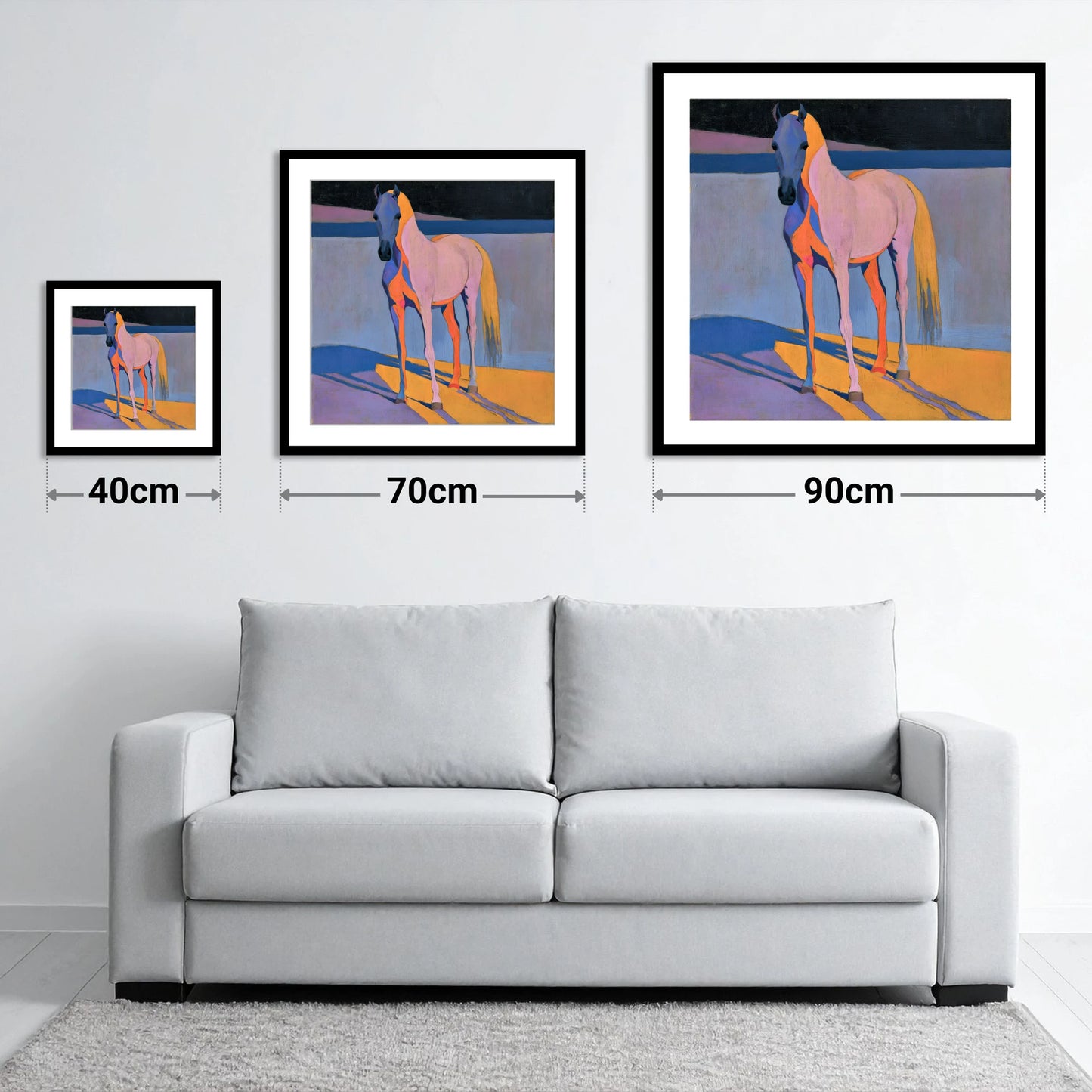 Vivid Painted Arabian Horse - size guide showing 40cm, 70cm and 90cm art prints