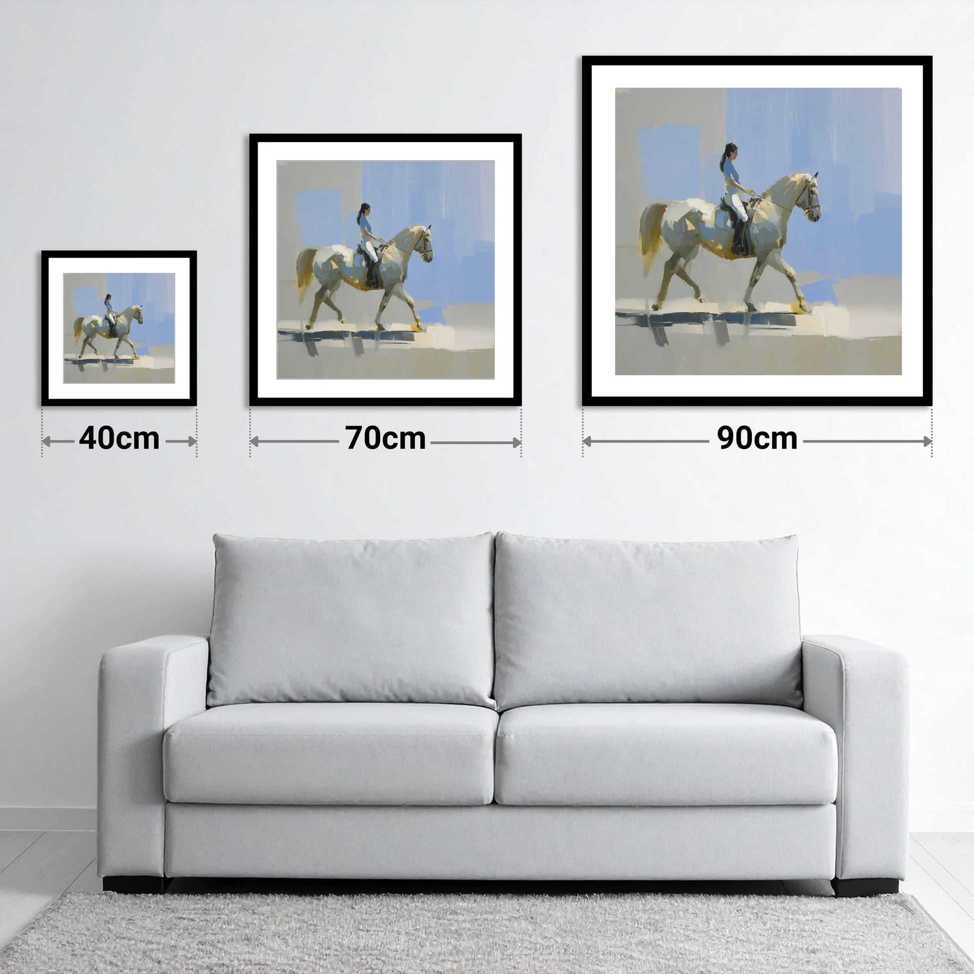 The Sunlit Grey - size guide showing 40cm, 70cm and 90cm art prints