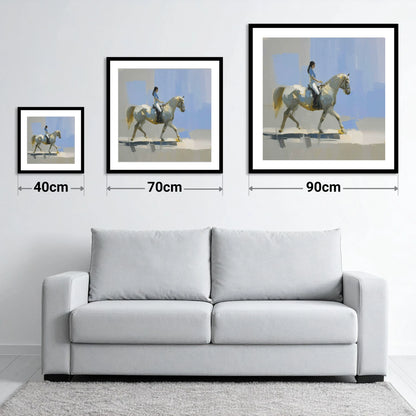 The Sunlit Grey - size guide showing 40cm, 70cm and 90cm art prints