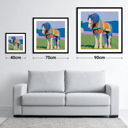 Colourful Heavy Horse In Harness - size guide showing 40cm, 70cm and 90cm art prints
