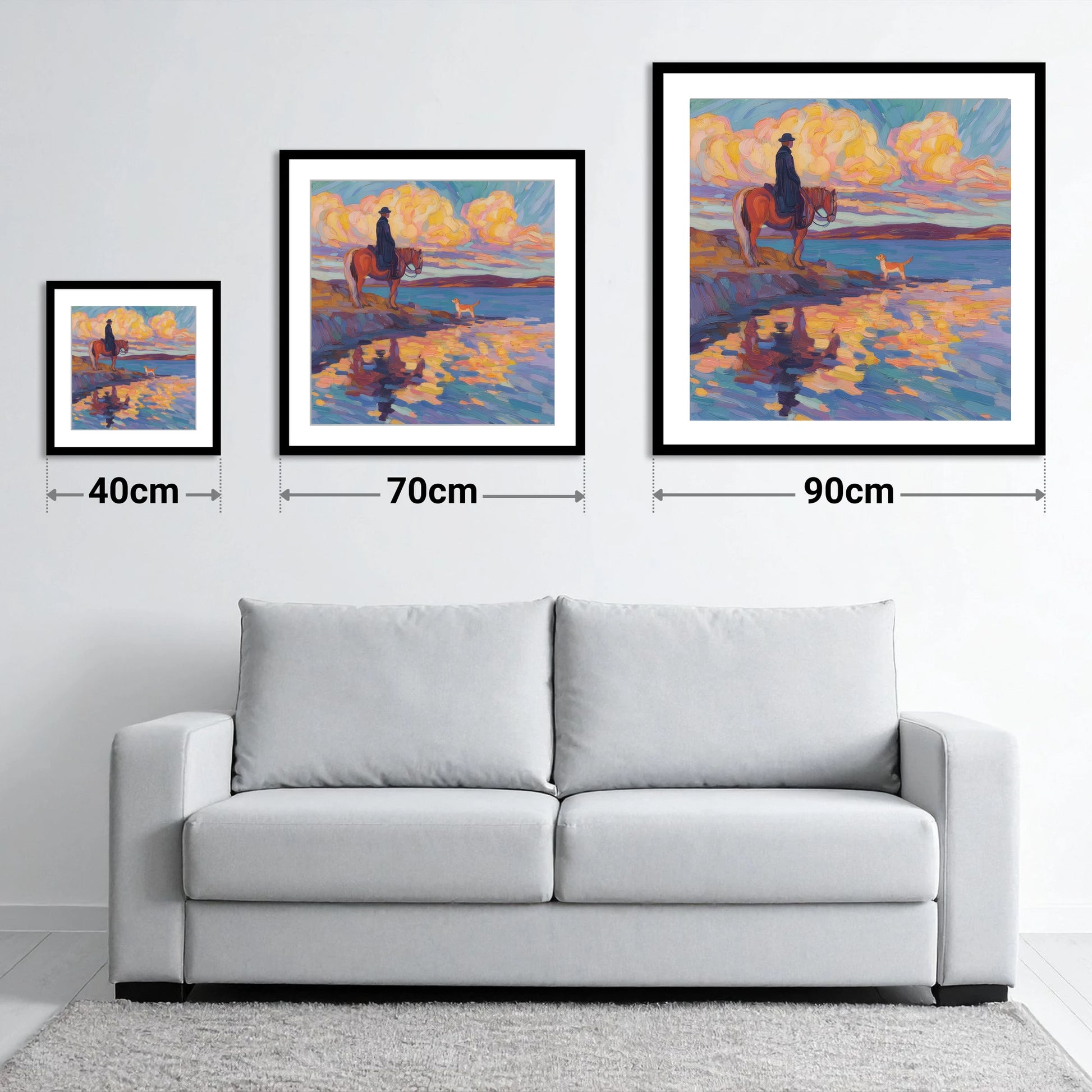 Evening Tide Halt - size guide showing 40cm, 70cm and 90cm art prints