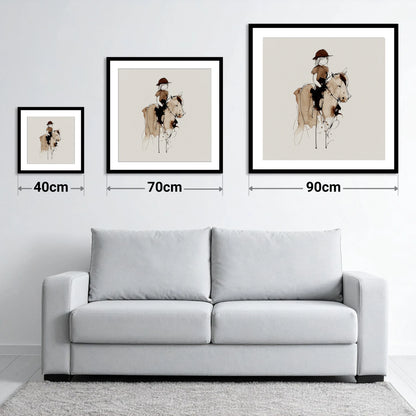 The Young Equestrian - size guide showing 40cm, 70cm and 90cm art prints