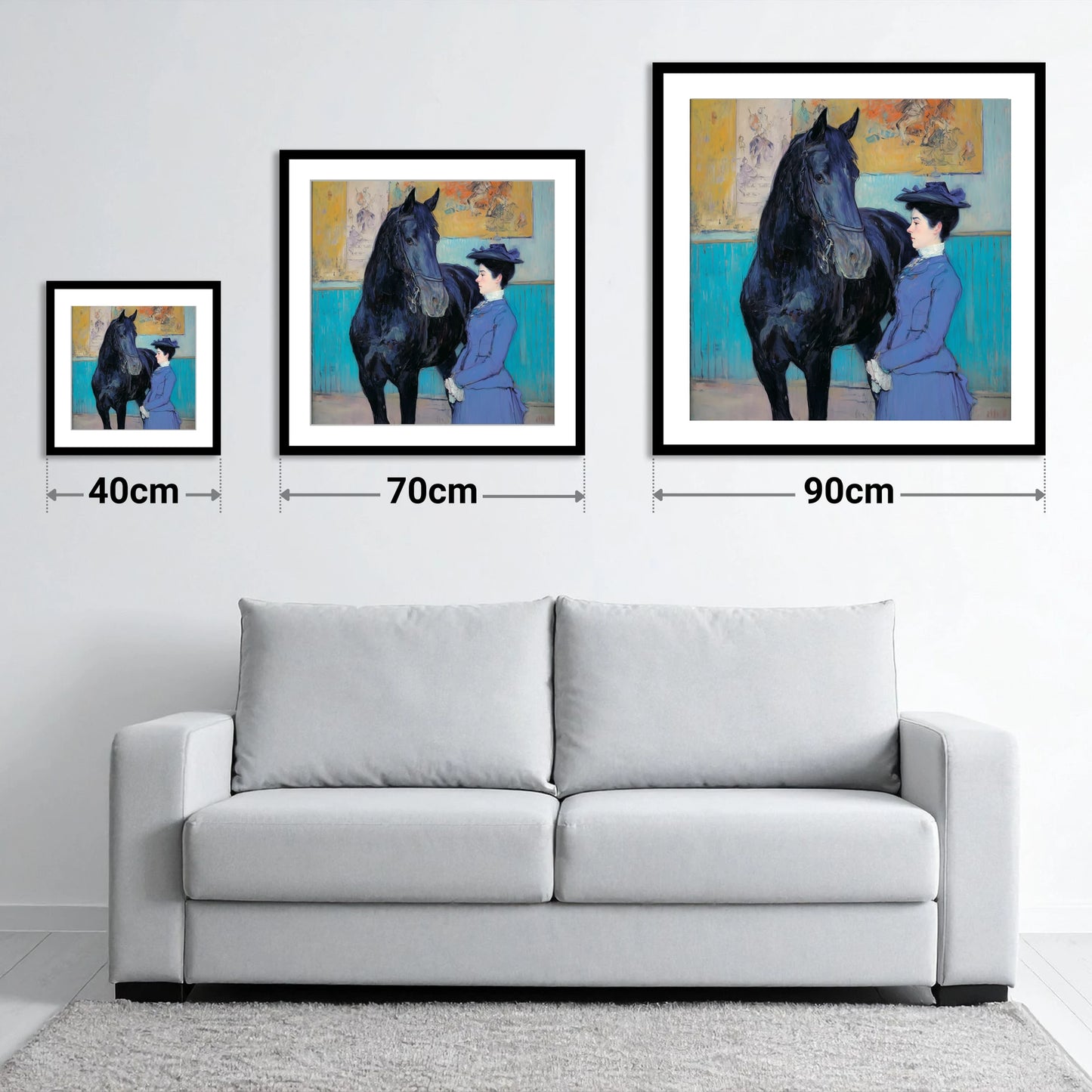 Elegant Acquaintance - size guide showing 40cm, 70cm and 90cm art prints