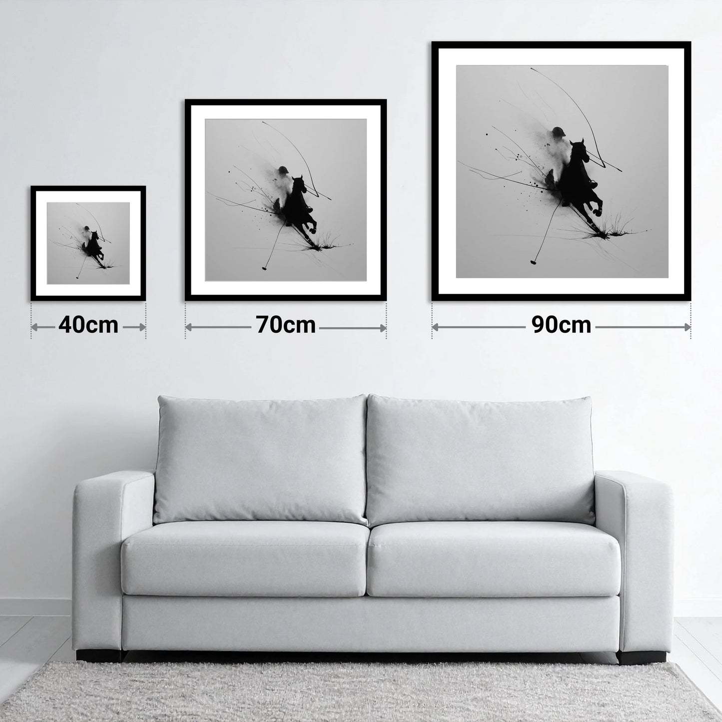 Phantom Polo Strike - size guide showing 40cm, 70cm and 90cm art prints