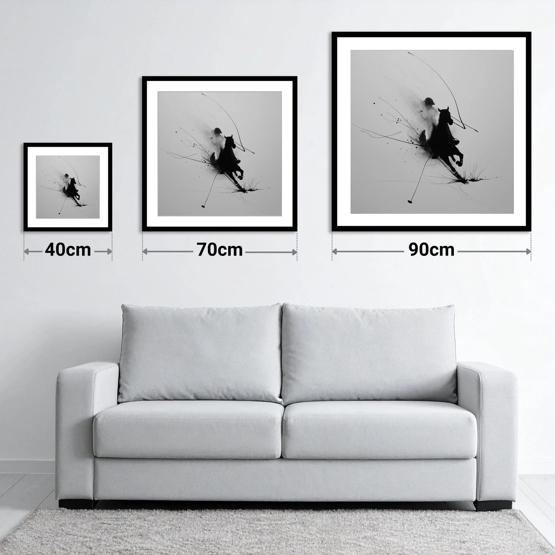 Phantom Polo Strike - size guide showing 40cm, 70cm and 90cm art prints