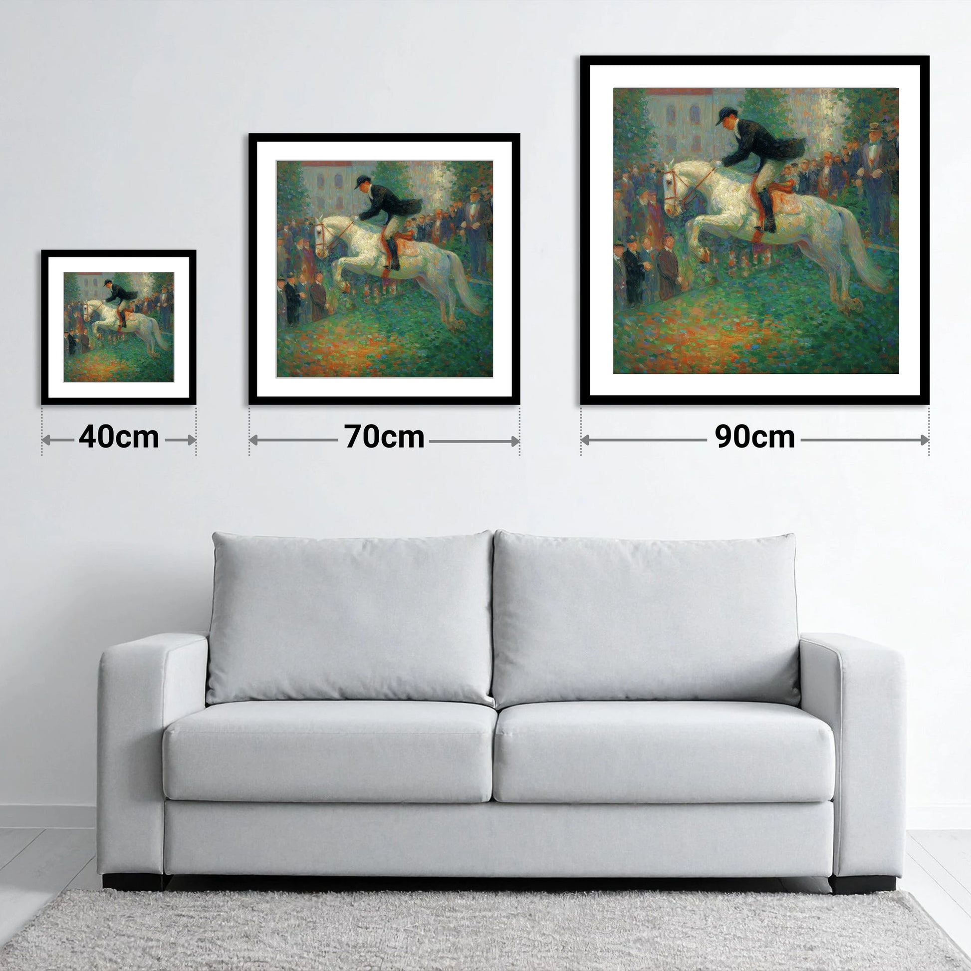 The Luminous Leap - size guide showing 40cm, 70cm and 90cm art prints