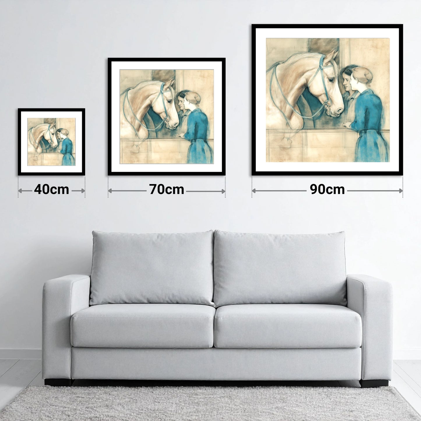 A Gentle Exchange - size guide showing 40cm, 70cm and 90cm art prints