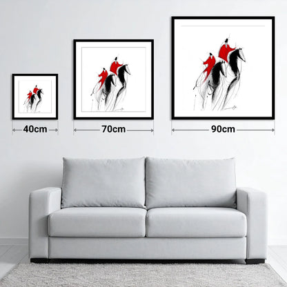 Scarlet Pursuit - size guide showing 40cm, 70cm and 90cm art prints