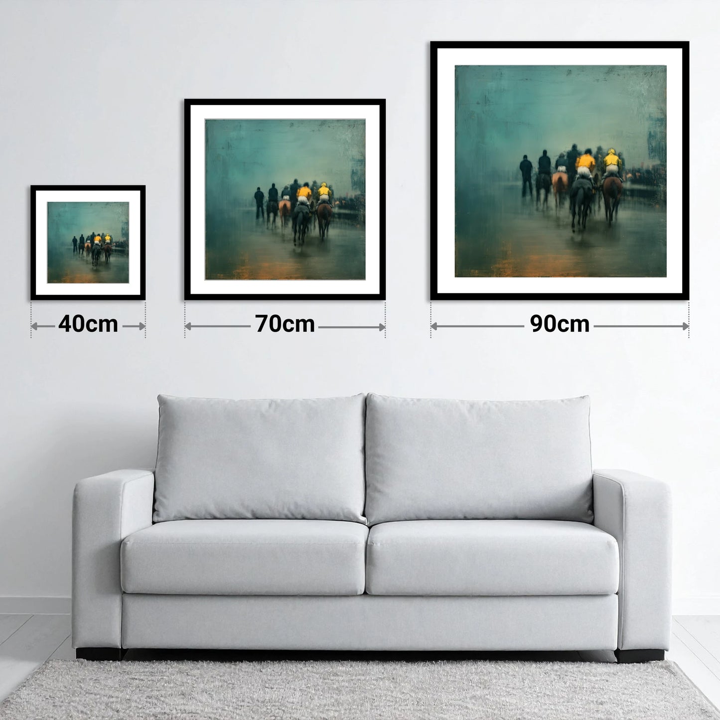 The Early Lot - size guide showing 40cm, 70cm and 90cm art prints