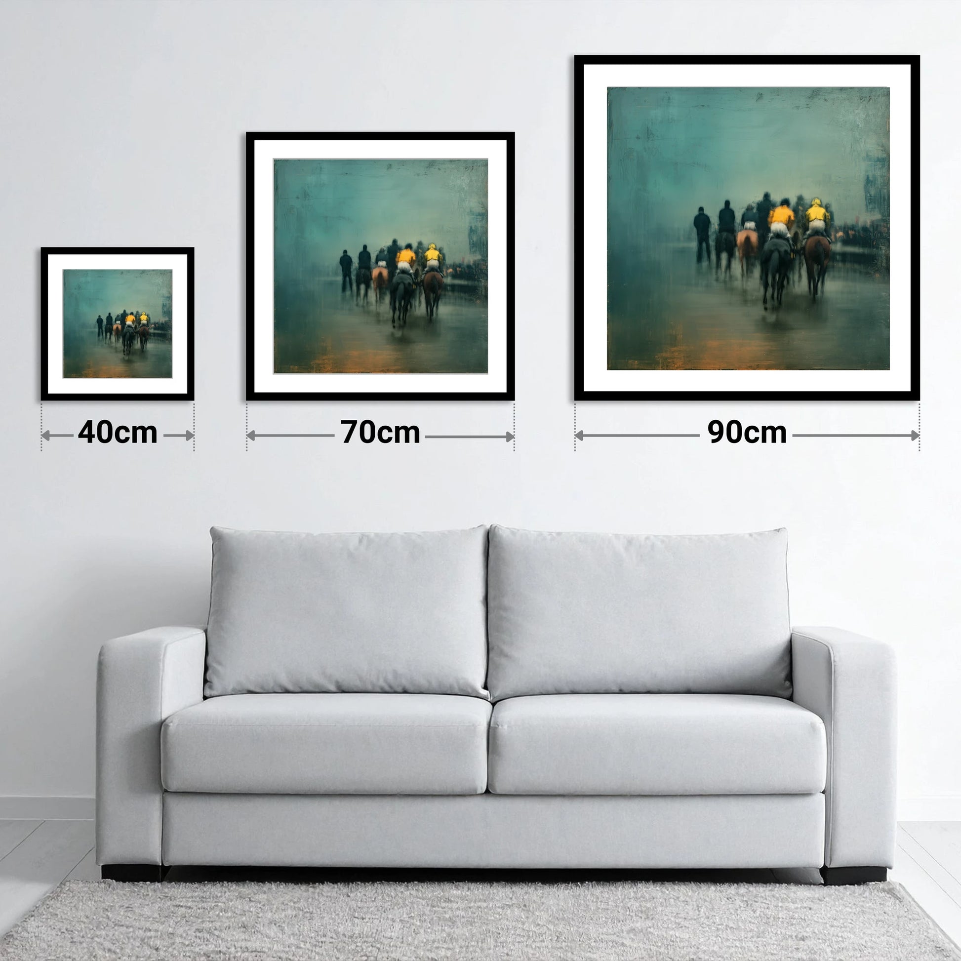 The Early Lot - size guide showing 40cm, 70cm and 90cm art prints