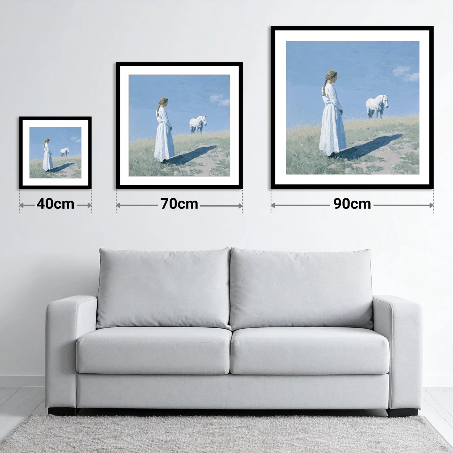 The Quiet Companion - size guide showing 40cm, 70cm and 90cm art prints