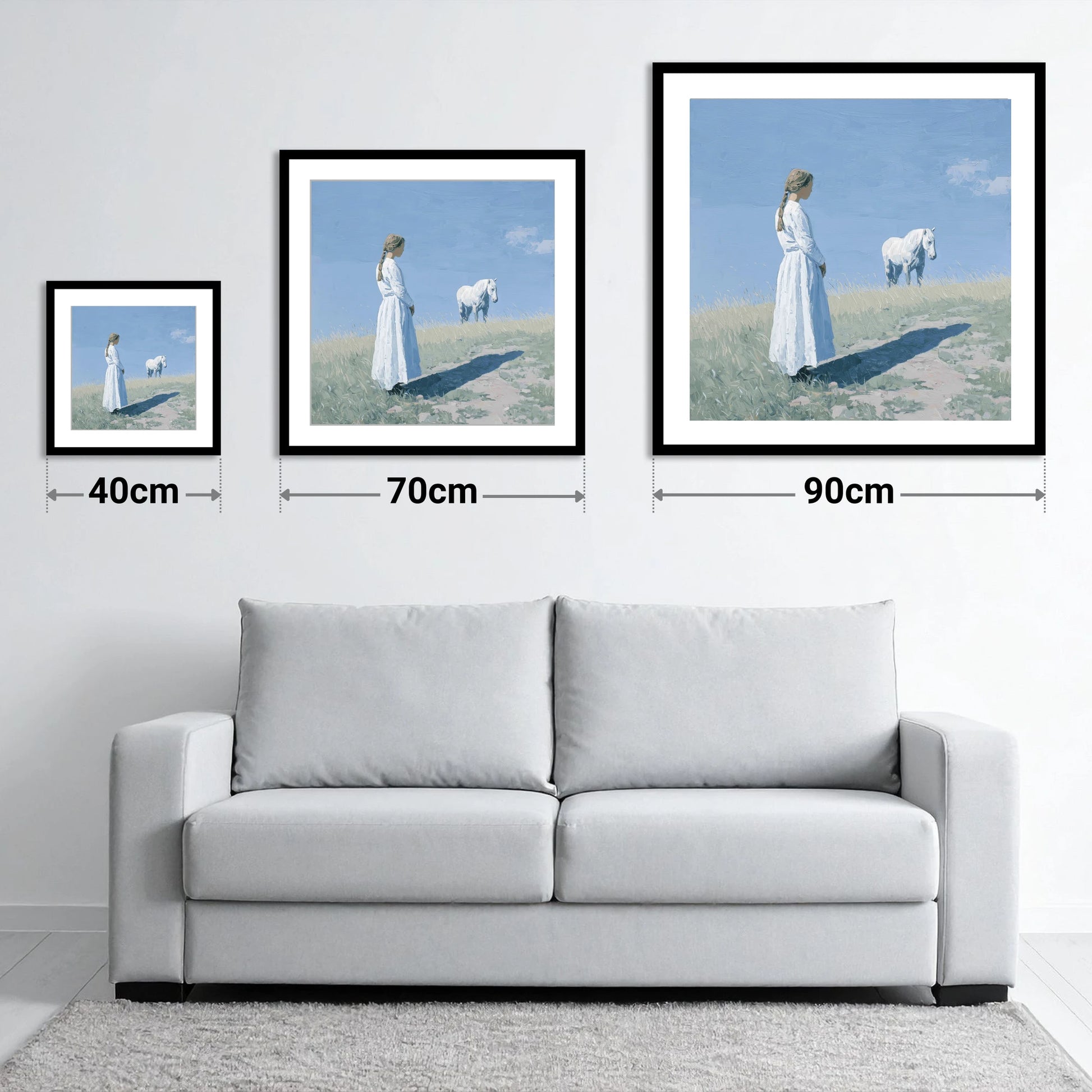 The Quiet Companion - size guide showing 40cm, 70cm and 90cm art prints