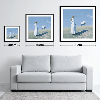 The Quiet Companion - size guide showing 40cm, 70cm and 90cm art prints