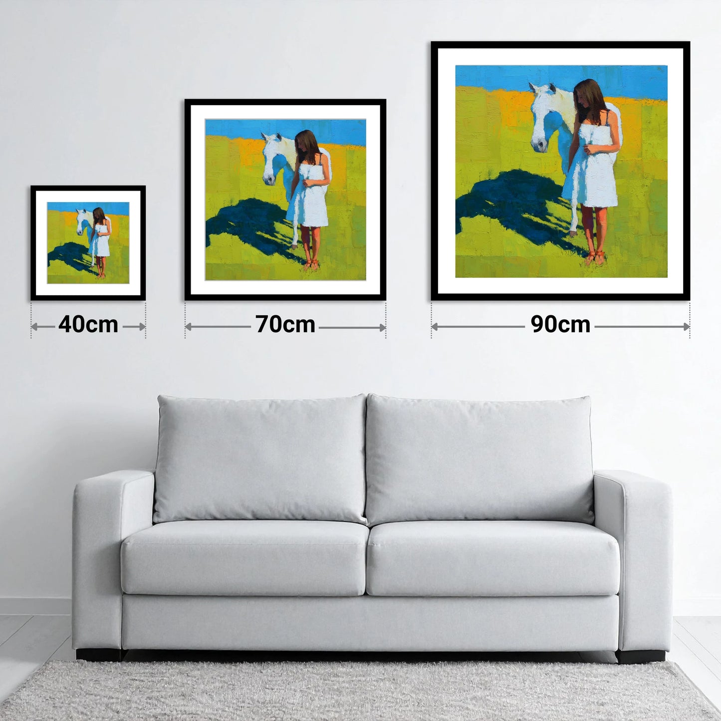 High Summer Shadows - size guide showing 40cm, 70cm and 90cm art prints