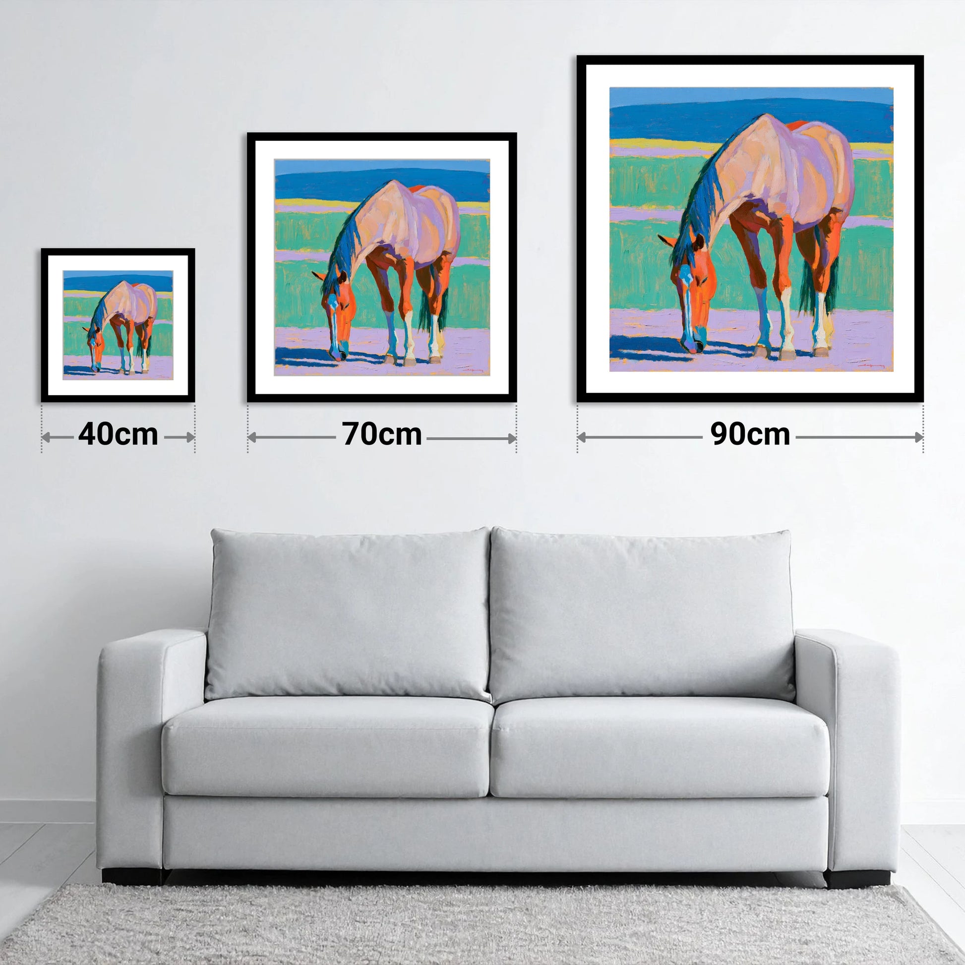 Colourful Grazing Horse - size guide showing 40cm, 70cm and 90cm art prints