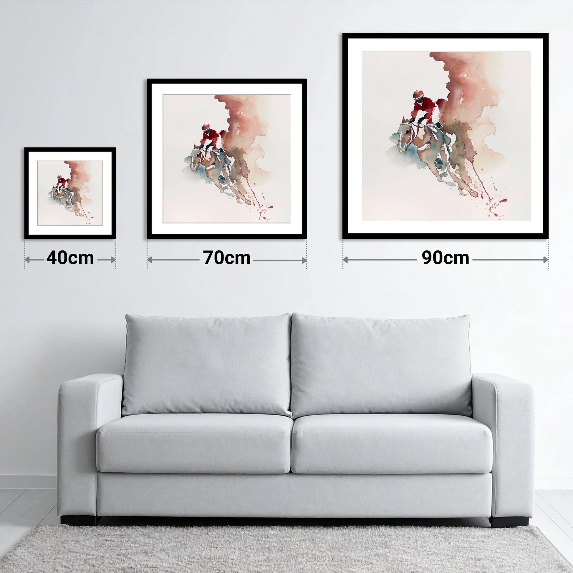 Crimson Surge - size guide showing 40cm, 70cm and 90cm art prints