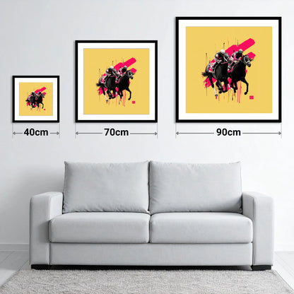 High Stakes Sprint - size guide showing 40cm, 70cm and 90cm art prints