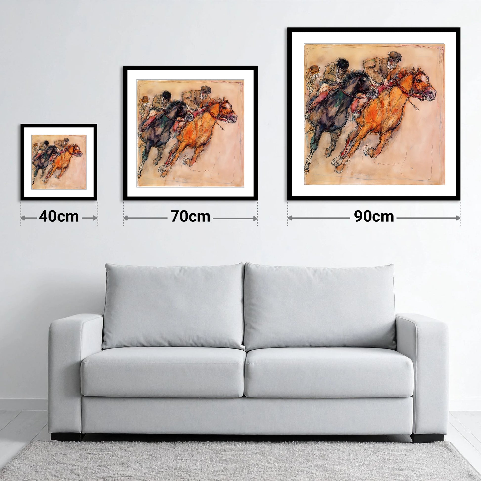 The Final Furlong - size guide showing 40cm, 70cm and 90cm art prints