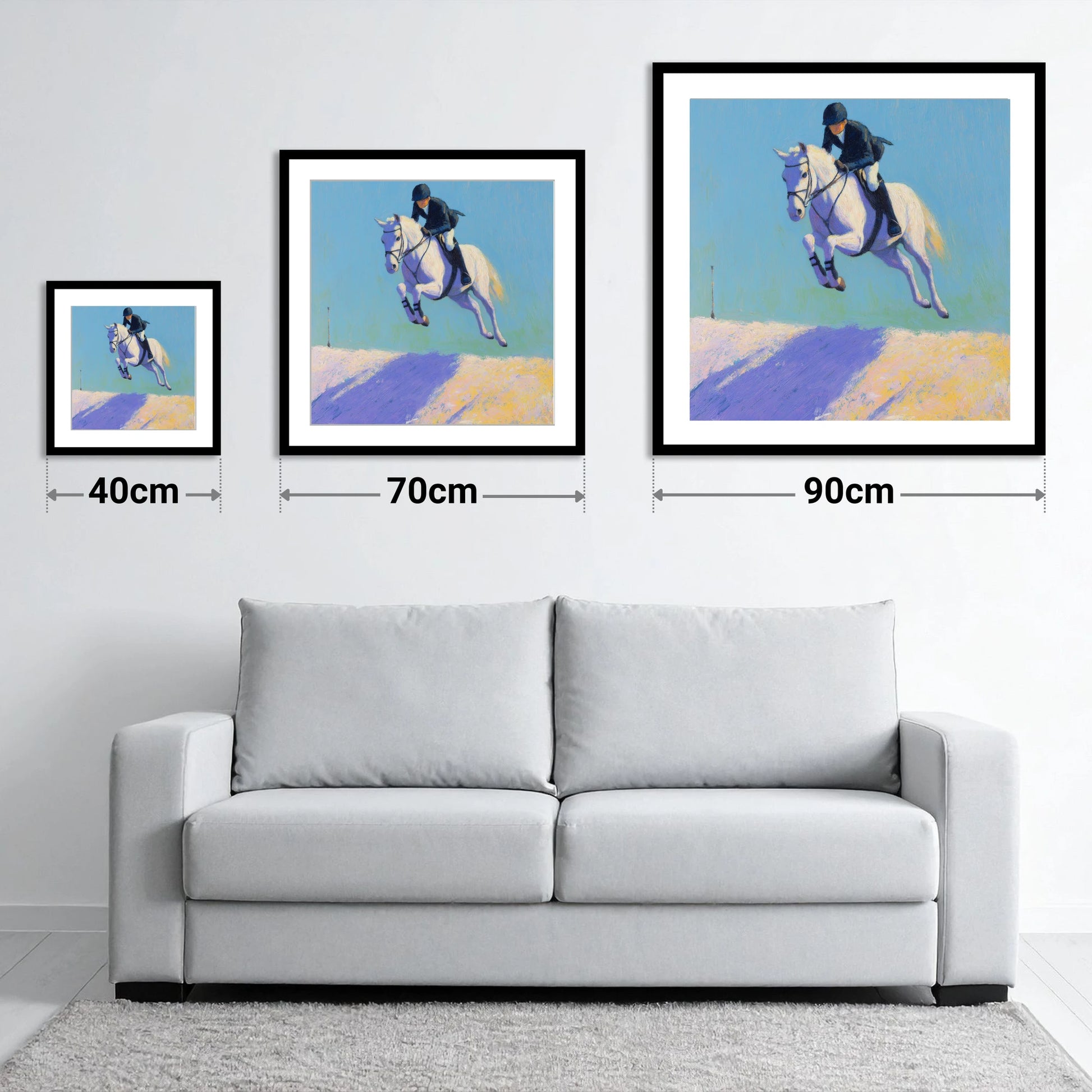 Airborne in Violet Light - size guide showing 40cm, 70cm and 90cm art prints