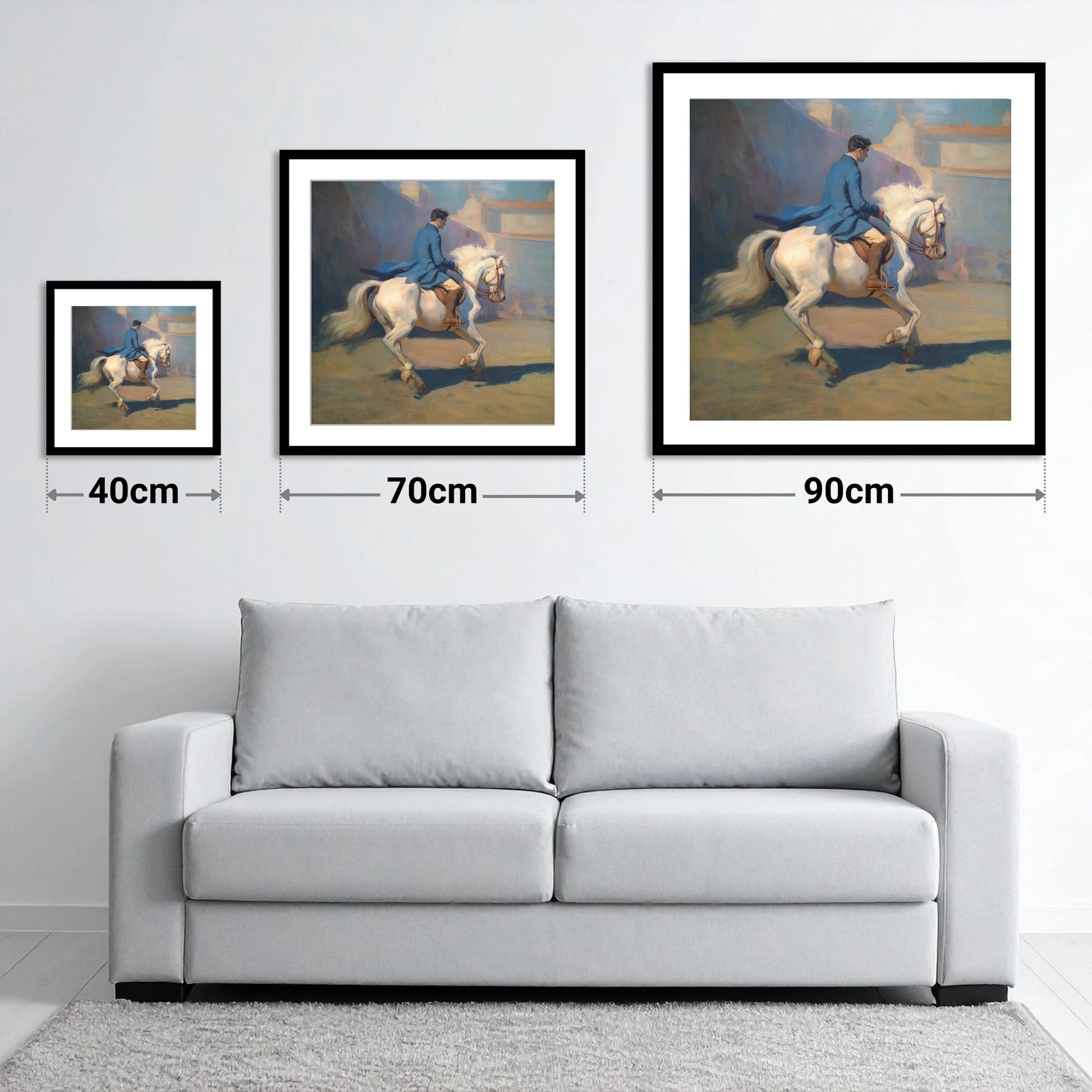 Grace in Blue and Grey - size guide showing 40cm, 70cm and 90cm art prints